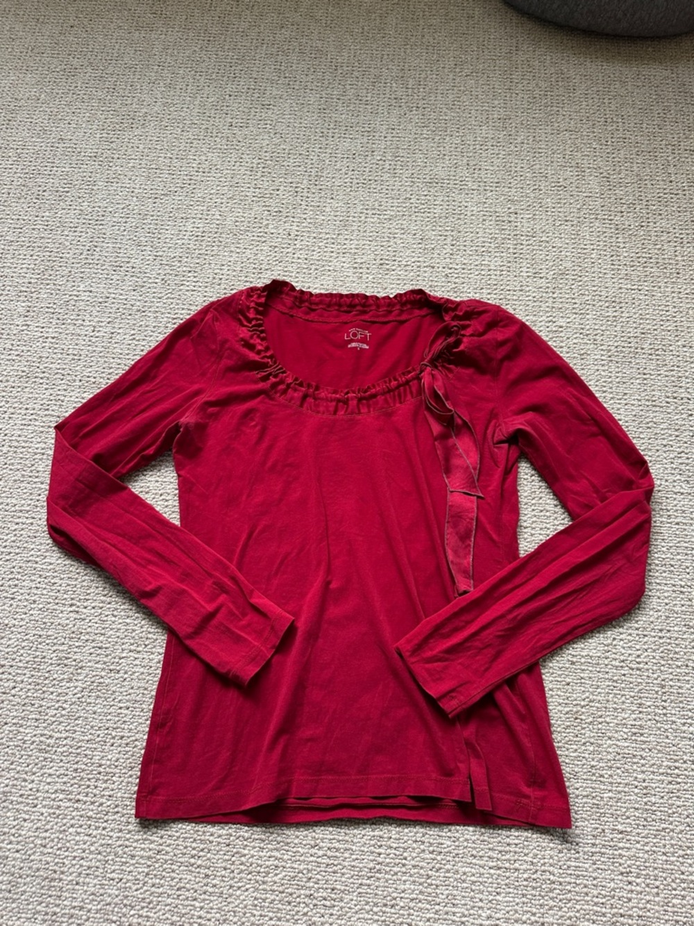 LOFT Deep Red Long Sleeve Scoop Neck Top with Side Tie